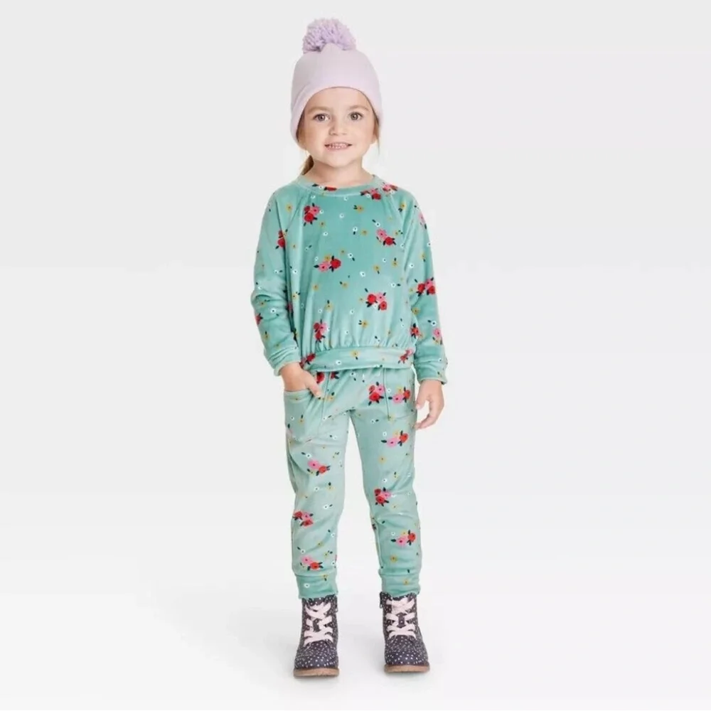 Baby Girls' Ocean Green Floral Long Sleeved Pullover Shirt & Jogger‎ Pants